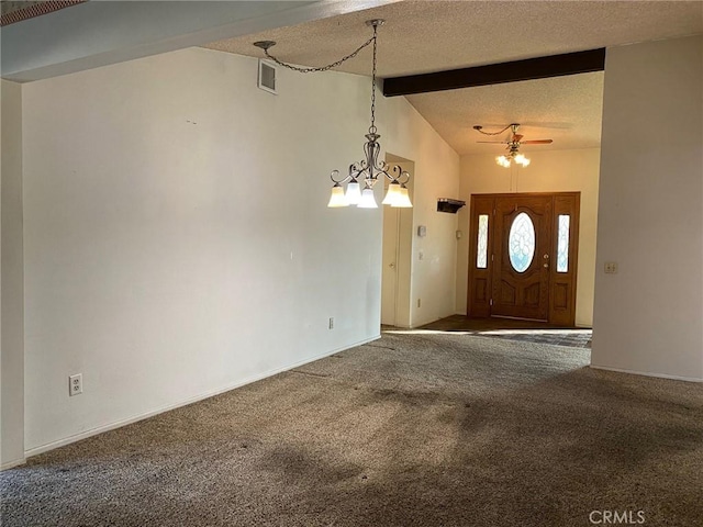 carpeted entryway featuring vaulted ceiling with beams, a textured ceiling, and ceiling fan