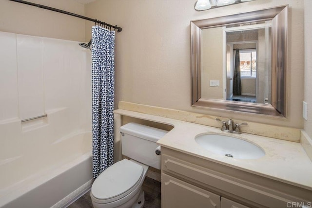 full bathroom with toilet, vanity, and shower / bath combination with curtain