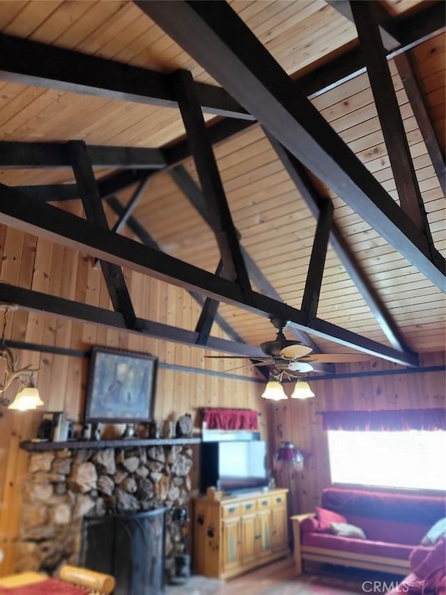 unfurnished living room with vaulted ceiling with beams, ceiling fan, wooden ceiling, and wooden walls