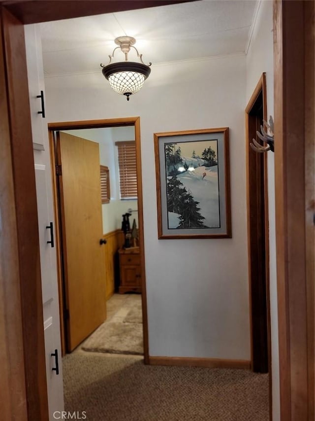 hallway with light carpet and crown molding