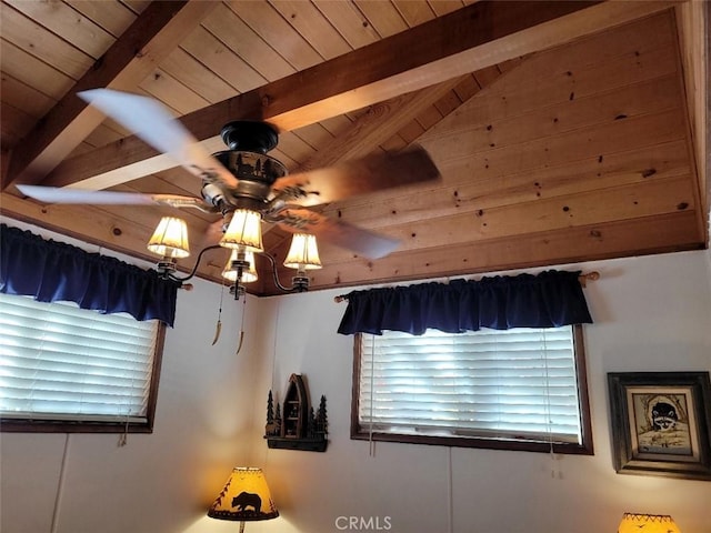 details featuring beamed ceiling, ceiling fan, and wooden ceiling