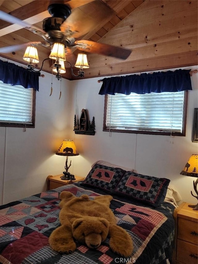 bedroom with lofted ceiling with beams and wooden ceiling