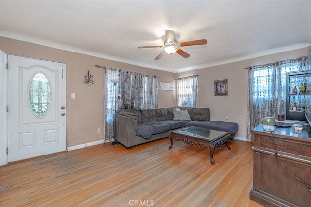 living room with ceiling fan and light hardwood / wood-style floors