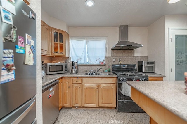 kitchen with wall chimney exhaust hood, sink, backsplash, and appliances with stainless steel finishes