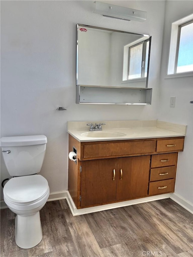 bathroom featuring vanity, wood-type flooring, and toilet