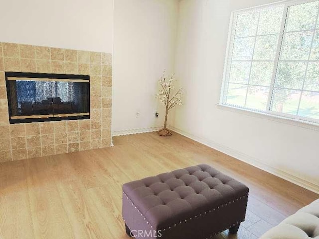 living room with hardwood / wood-style flooring and a tile fireplace