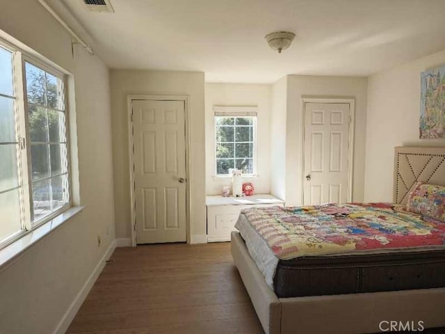 bedroom featuring hardwood / wood-style floors and multiple windows