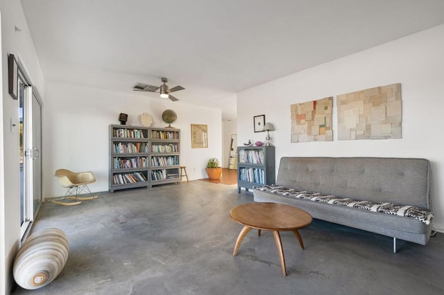 living area featuring ceiling fan