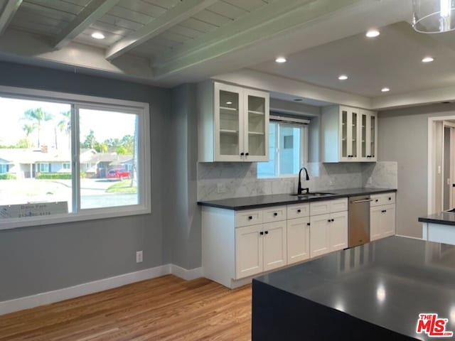 kitchen with dishwasher, beam ceiling, decorative backsplash, white cabinetry, and wood ceiling