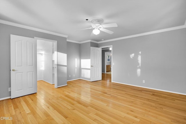 unfurnished bedroom with ceiling fan, ornamental molding, and light wood-type flooring