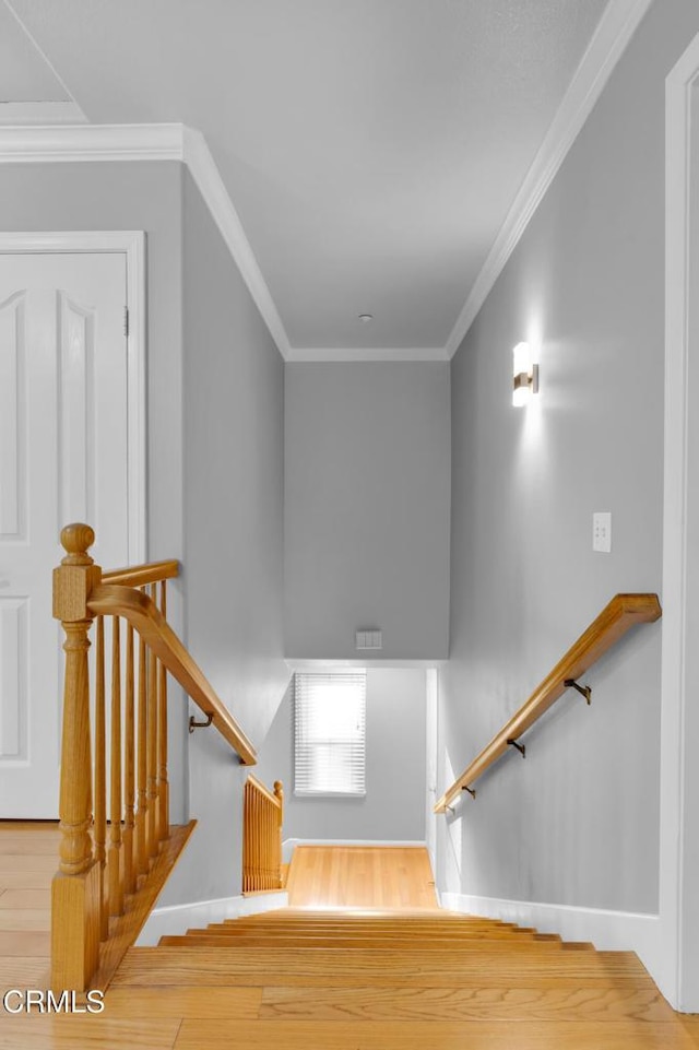 stairway with hardwood / wood-style floors and ornamental molding