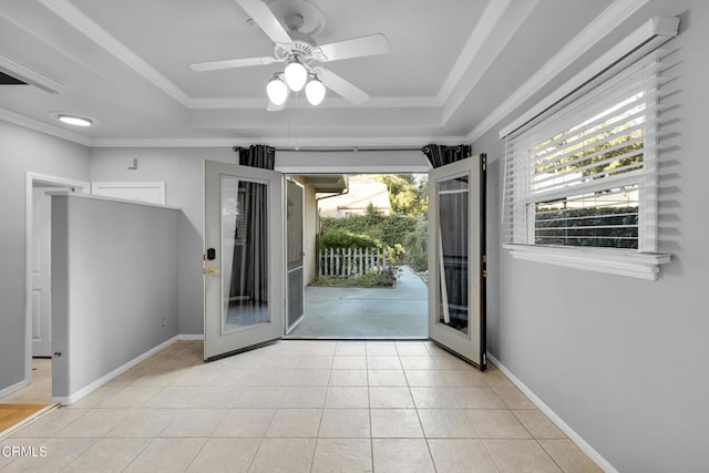 entryway featuring ceiling fan, a healthy amount of sunlight, and french doors