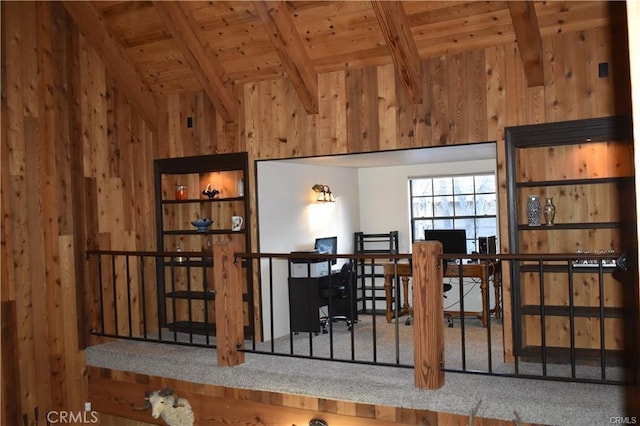 dining space with lofted ceiling with beams and wood ceiling