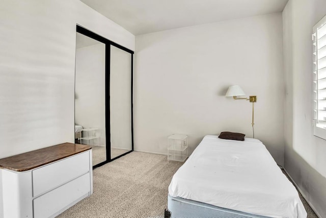 bedroom featuring multiple windows, light carpet, and a closet