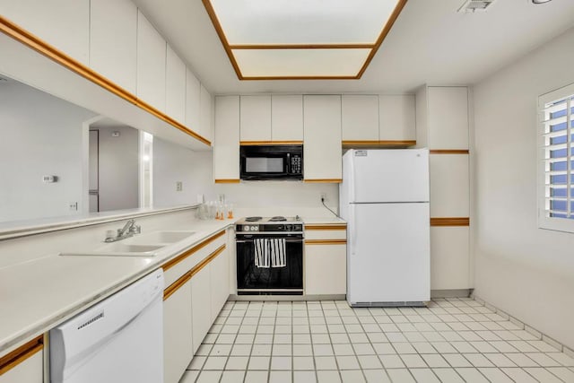 kitchen featuring white cabinetry, sink, and white appliances