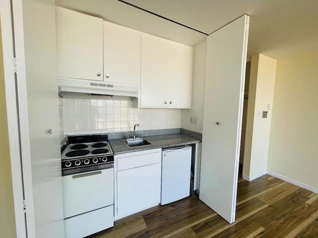 kitchen featuring white dishwasher, sink, white cabinets, dark wood-type flooring, and electric stove