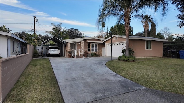 ranch-style home featuring a carport and a front lawn