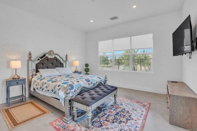 bedroom featuring baseboards, visible vents, and recessed lighting