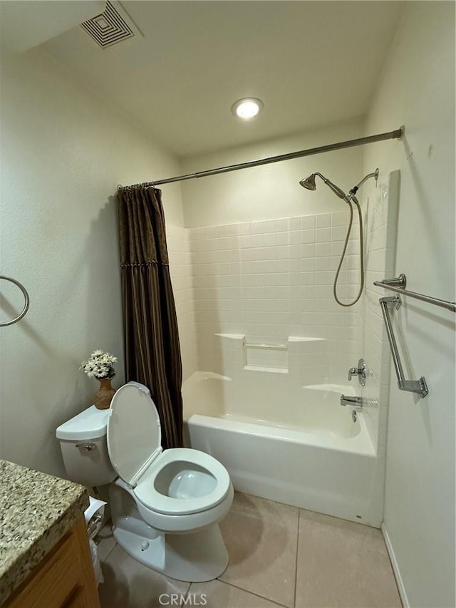 full bathroom featuring tile patterned flooring, vanity, shower / bathtub combination with curtain, and toilet