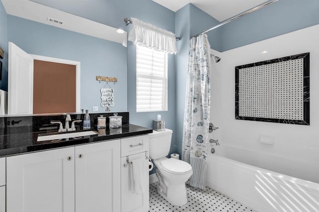 full bathroom with vanity, toilet, and shower / bathtub combination with curtain