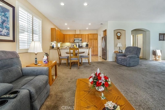 living room featuring sink and light carpet