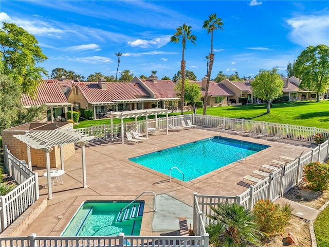 community pool with a yard, fence, a patio, and a pergola