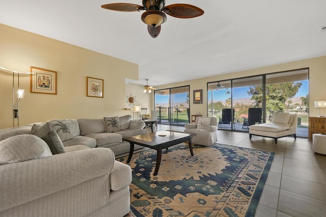 tiled living room featuring ceiling fan