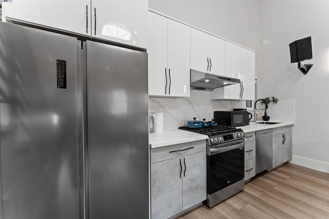 kitchen with sink, backsplash, light hardwood / wood-style floors, white cabinets, and appliances with stainless steel finishes