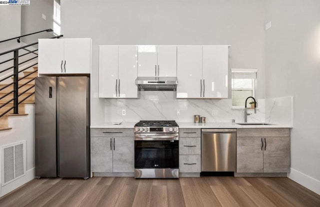 kitchen featuring sink, white cabinets, light hardwood / wood-style flooring, and appliances with stainless steel finishes