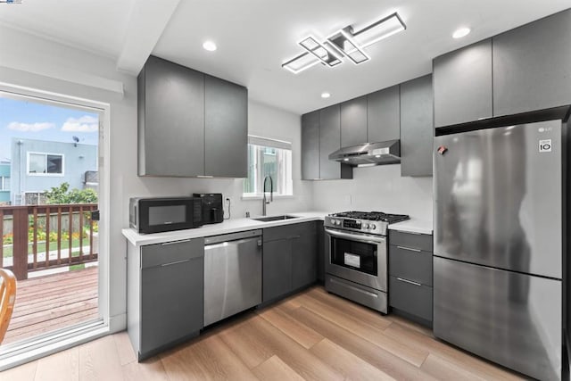 kitchen with light wood-type flooring, stainless steel appliances, gray cabinets, and sink