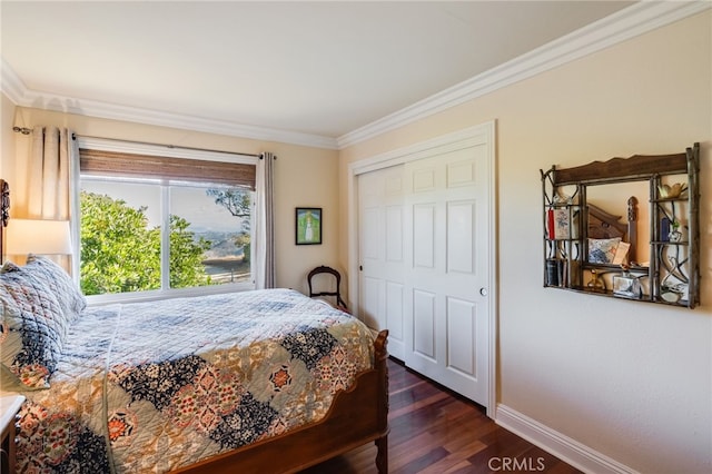 bedroom featuring crown molding, dark hardwood / wood-style floors, and a closet