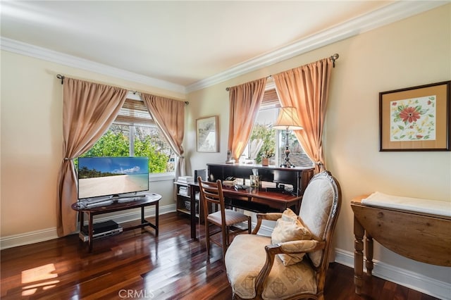 sitting room featuring crown molding and dark hardwood / wood-style floors