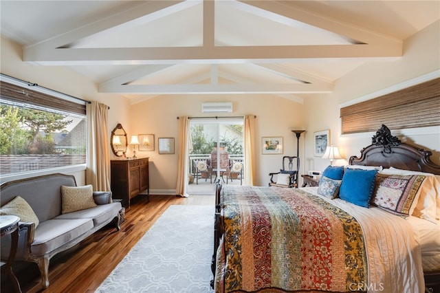 bedroom with lofted ceiling with beams, a wall mounted AC, hardwood / wood-style floors, and access to outside