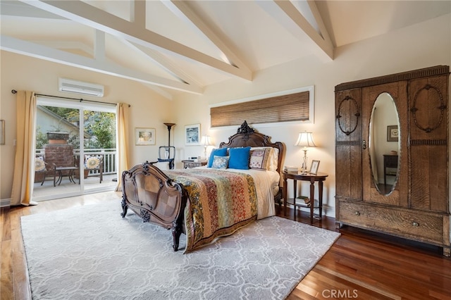 bedroom with wood-type flooring, high vaulted ceiling, an AC wall unit, access to outside, and beam ceiling