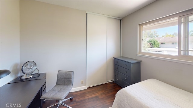 bedroom featuring dark wood-type flooring and a closet