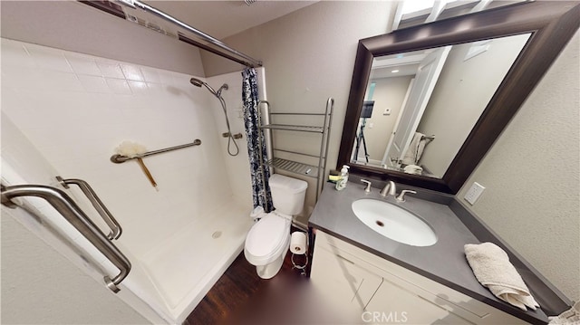 bathroom featuring toilet, vanity, and a shower with shower curtain