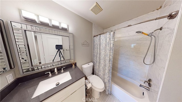 full bathroom with vanity, toilet, and shower / bathtub combination with curtain