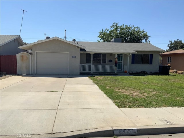 ranch-style house with a front yard, covered porch, and a garage