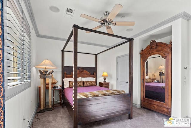 bedroom featuring carpet flooring, ceiling fan, and ornamental molding