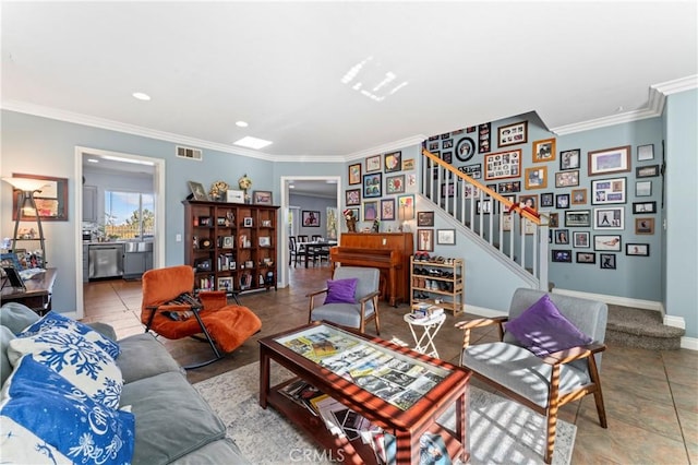 tiled living room featuring recessed lighting, visible vents, baseboards, stairs, and ornamental molding