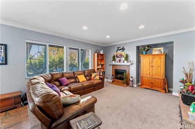 carpeted living room with crown molding and a fireplace