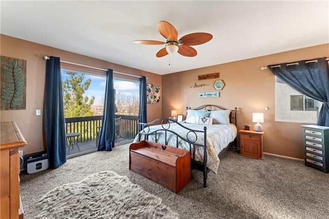 carpeted bedroom featuring baseboards, a ceiling fan, and access to exterior