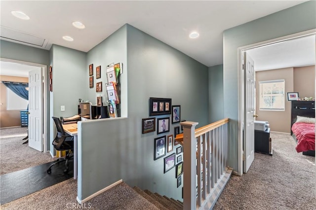 741 Camino Real Ave, Palmdale, CA 93551 - hall with carpet flooring, an upstairs landing, a desk, recessed lighting, and baseboards