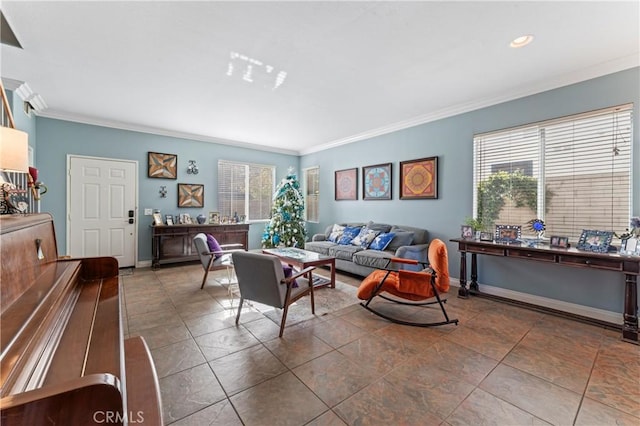 living room featuring tile patterned floors, crown molding, and plenty of natural light