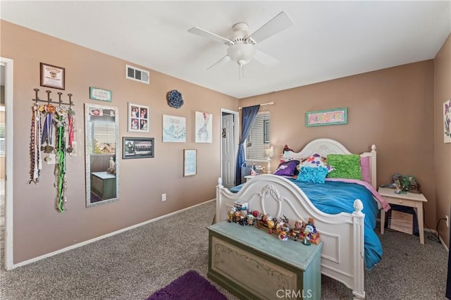 bedroom with ceiling fan and carpet