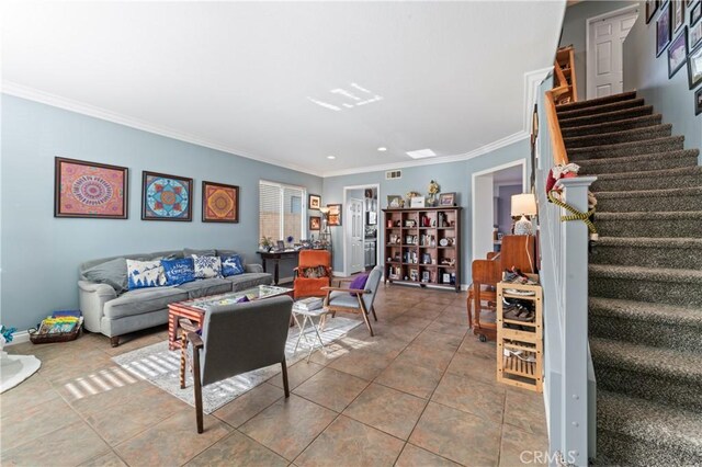 tiled living area featuring visible vents, recessed lighting, ornamental molding, and stairs
