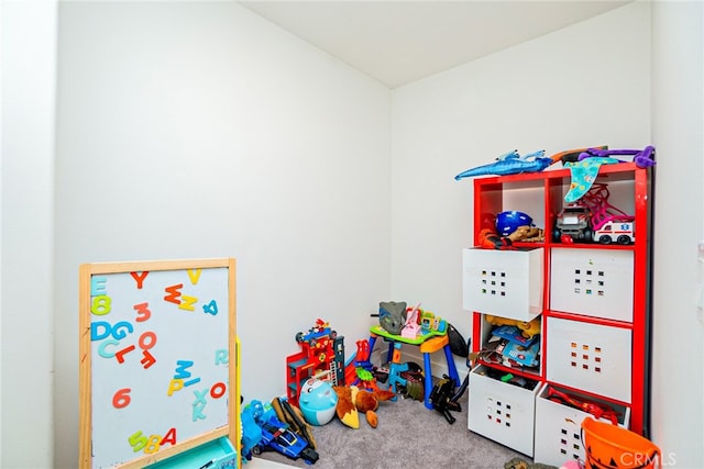 recreation room featuring carpet flooring