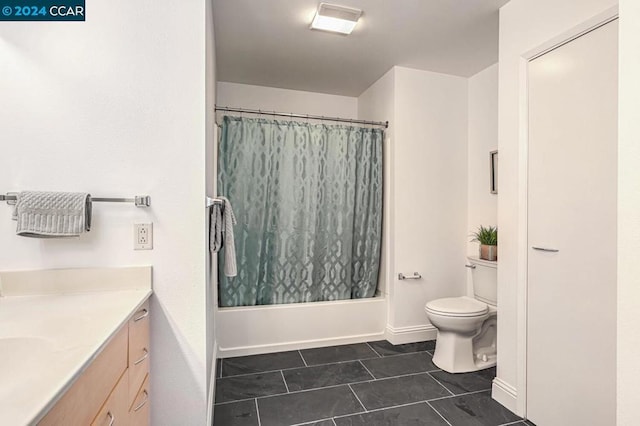 full bathroom featuring tile patterned floors, vanity, shower / bathtub combination with curtain, and toilet