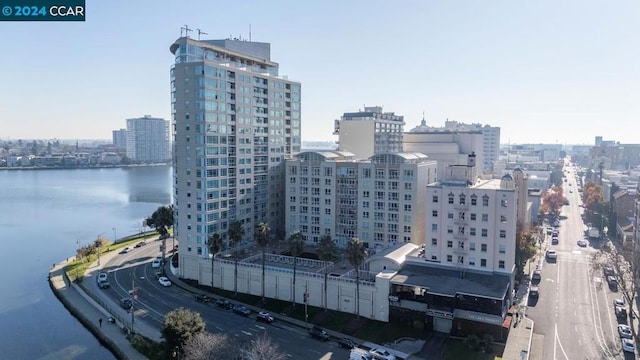 exterior space with a water view