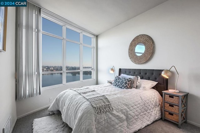 carpeted bedroom featuring a water view and vaulted ceiling